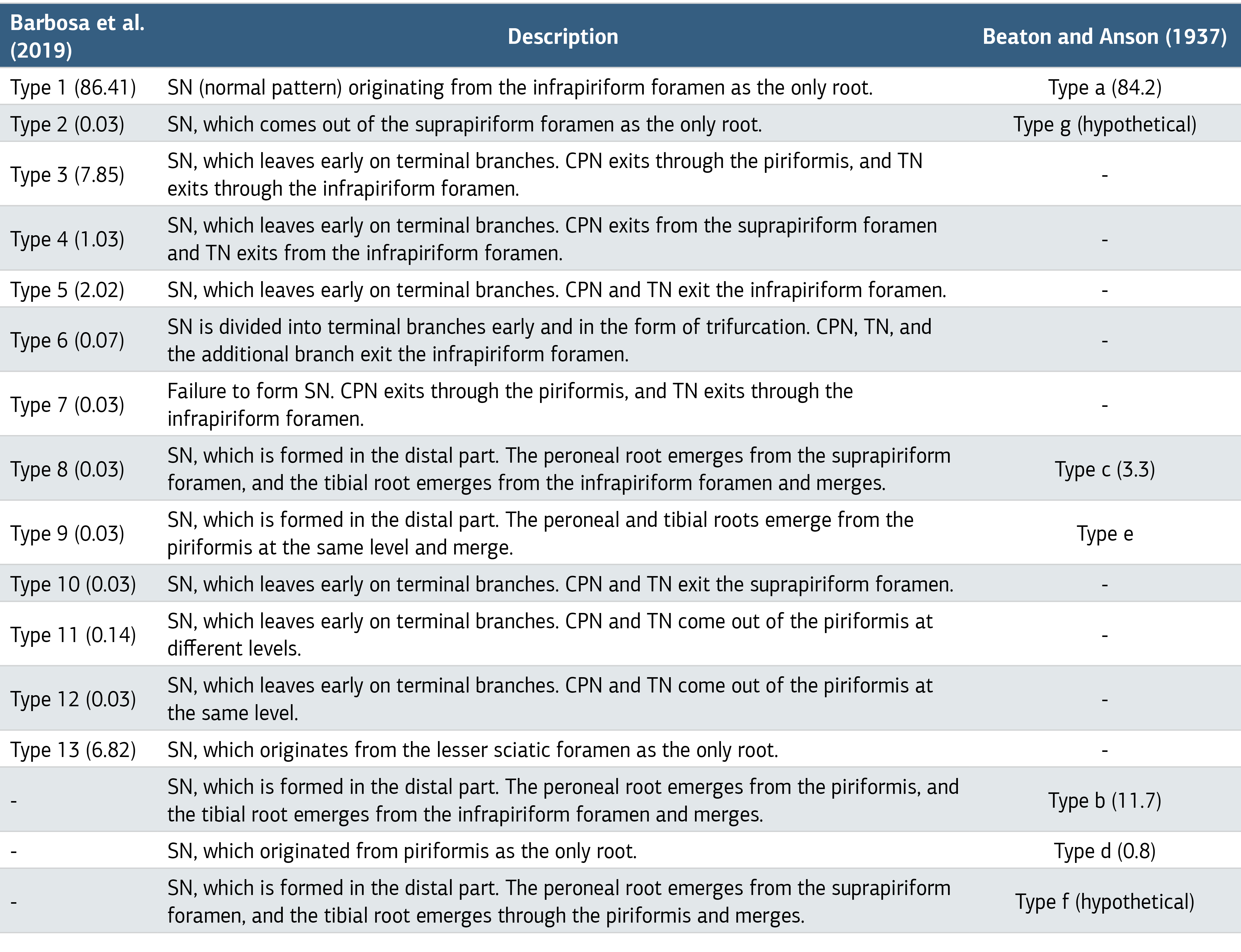 Table 1. Classification of Variations According to the Relationship of the Sciatic Nerve (SN) and Its Roots with the Piriformis