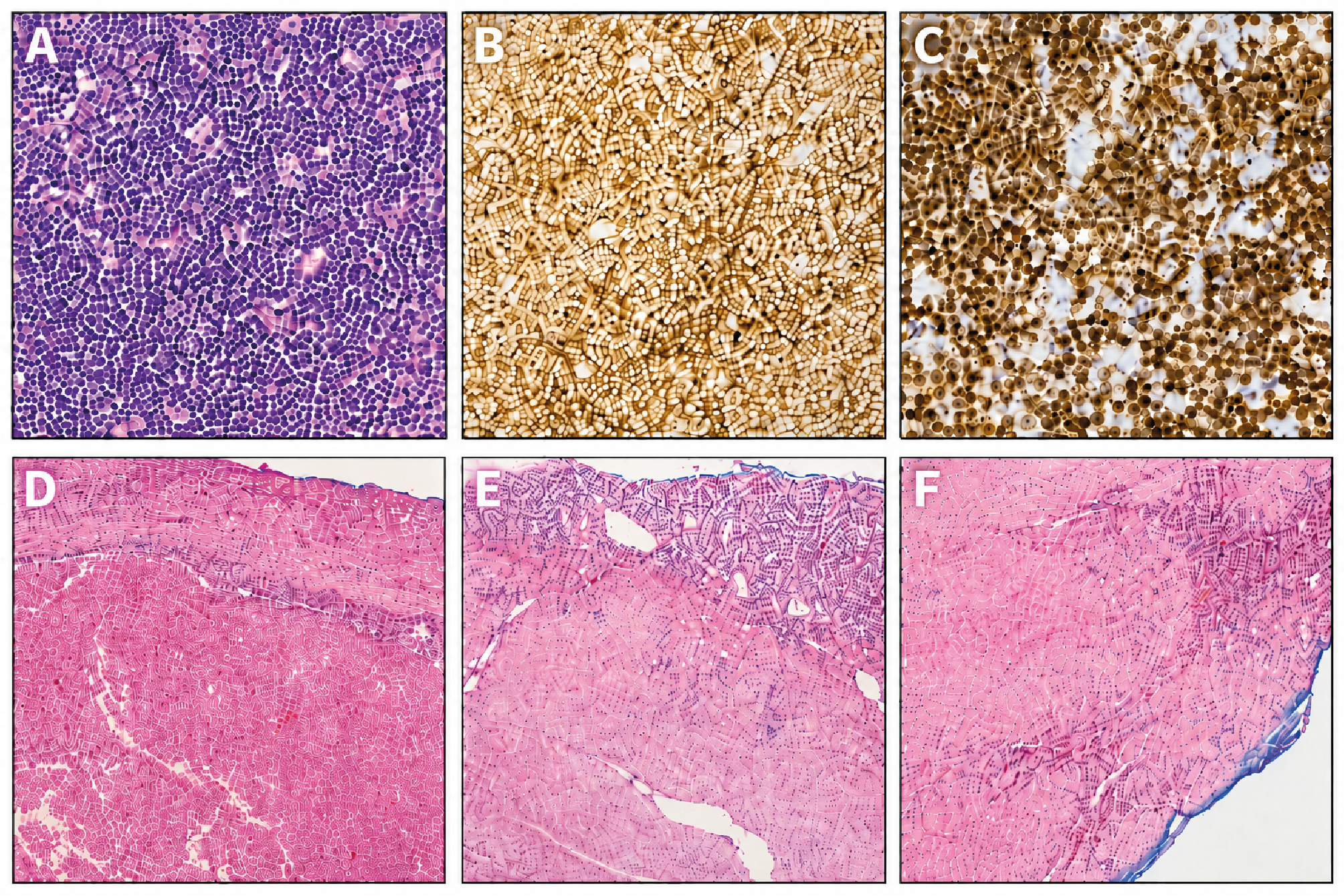 Figure 2. Histopathology and IHC at diagnosis (A, B, C) and after surgery (D, E, F)